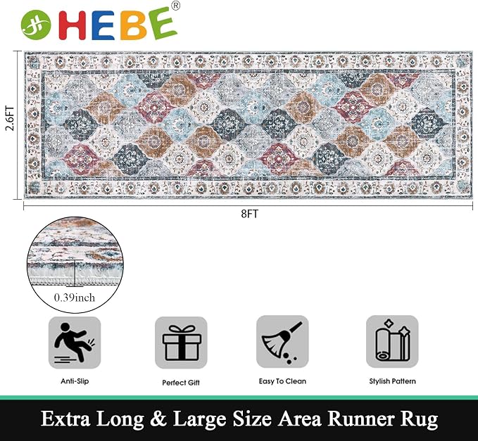 HEBE Hallway Runner Rug 2'8"x8' Washable Vintage Distressed Area Rugs Non Slip