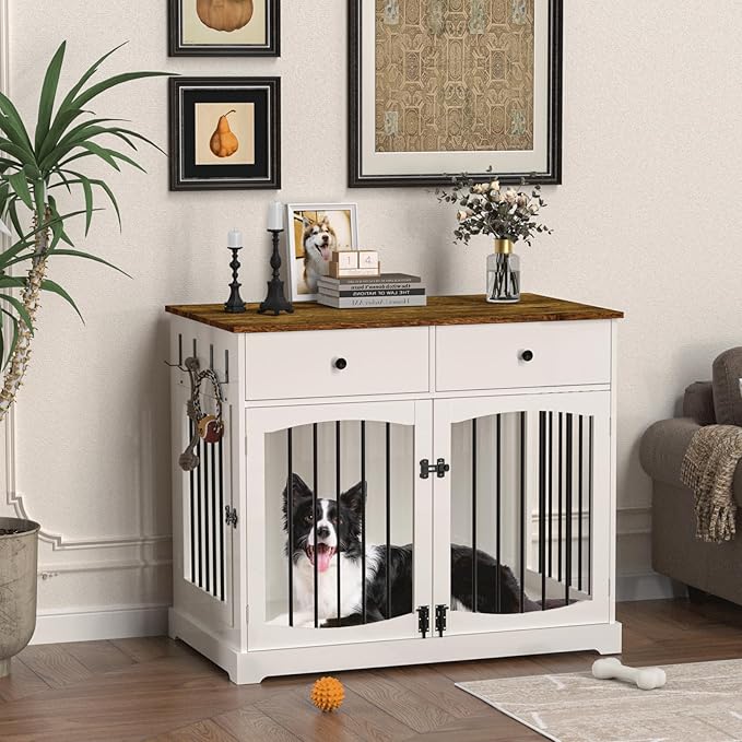 BREEZEHEAT 40 inch Dog Crate Furniture-Farmhouse Dog Kennel with Drawers-End Table Wooden Pet Crate, Double Door Design, Decorative Dog House Indoor for Small Medium Large Dog,Off White