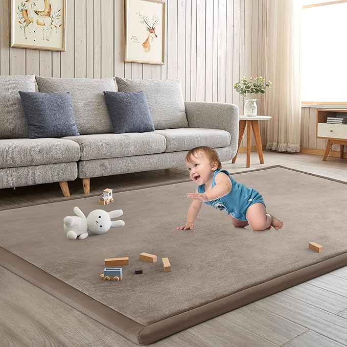 Baby Play Mat for Floor Tummy Time Mat Nursery Rug Muscle Mat Area Rug Playroom Rug Tatami Mat 6'7"x6'7" Memory Foam 1.3" Thick Crawling Mat for Babies,Toddlers, Infants, Kids,Floor Mat(Brown)