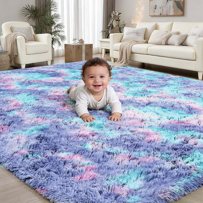 Rainbow Fluffy Rugs for Girls Bedroom: 4x6 Large Shag High Pile Area Rug