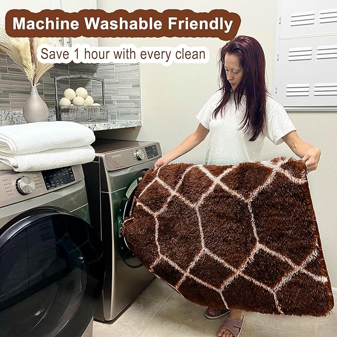ONASAR 5x7 Area Rugs for Living Room Bedroom, Washable Fluffy Brown and White Throw Rug, Geometric Boho Soft Plush Shaggy Floor Bedside Carpet Mat for Nursery Kids Girls Boys Teen Dorm Home Decor