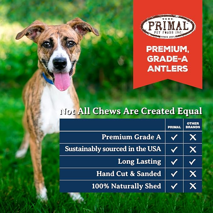 Primal Antlers for Dogs, Grade A Split Stag Antlers for Large Canines 30-45 lb, Natural Chews for Aggressive Chewers, Naturally Shed, Long Lasting Dog Bones, 1 ct
