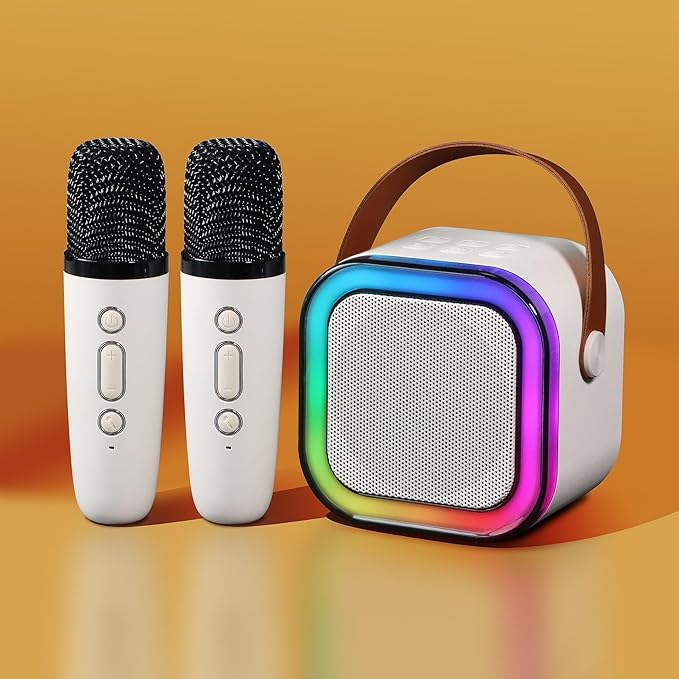 Mini Karaoke Machine for Kids with 2 Wireless Microphones and Lights, Bluetooth Connect Phone to Sing, 4-12+ Year Old Girl Boy Birthday Gifts, Teen Girl Gifts Trendy Stuff (Beige)