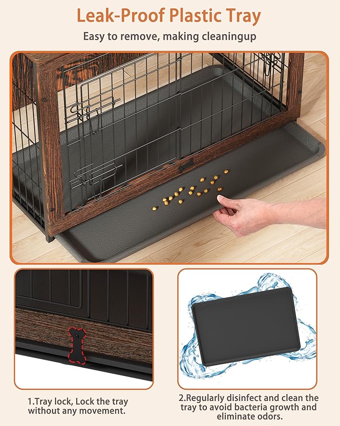 Megidok Wooden Dog Crate Furniture with Cushion,Large Dog Crate End Table with Tray, Double Doors Kennels Indoor (43.1" L*28.6" W*30.3" H, Rustic Style)