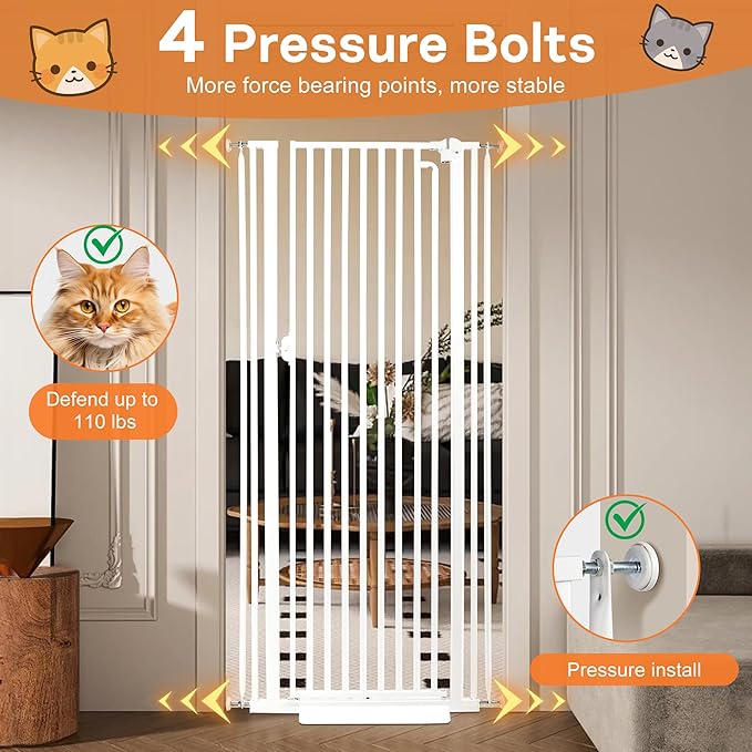 71“ Extra Tall Cat Gate for Doorway：29.4-33.4” Wide Pet Gate, Auto Close/One Handed Open, 1.34” Extra Small Gap, No Drill Pressure Mount Tall Cat Gate for Interior Stairs/Kitchens/Hallways (White)