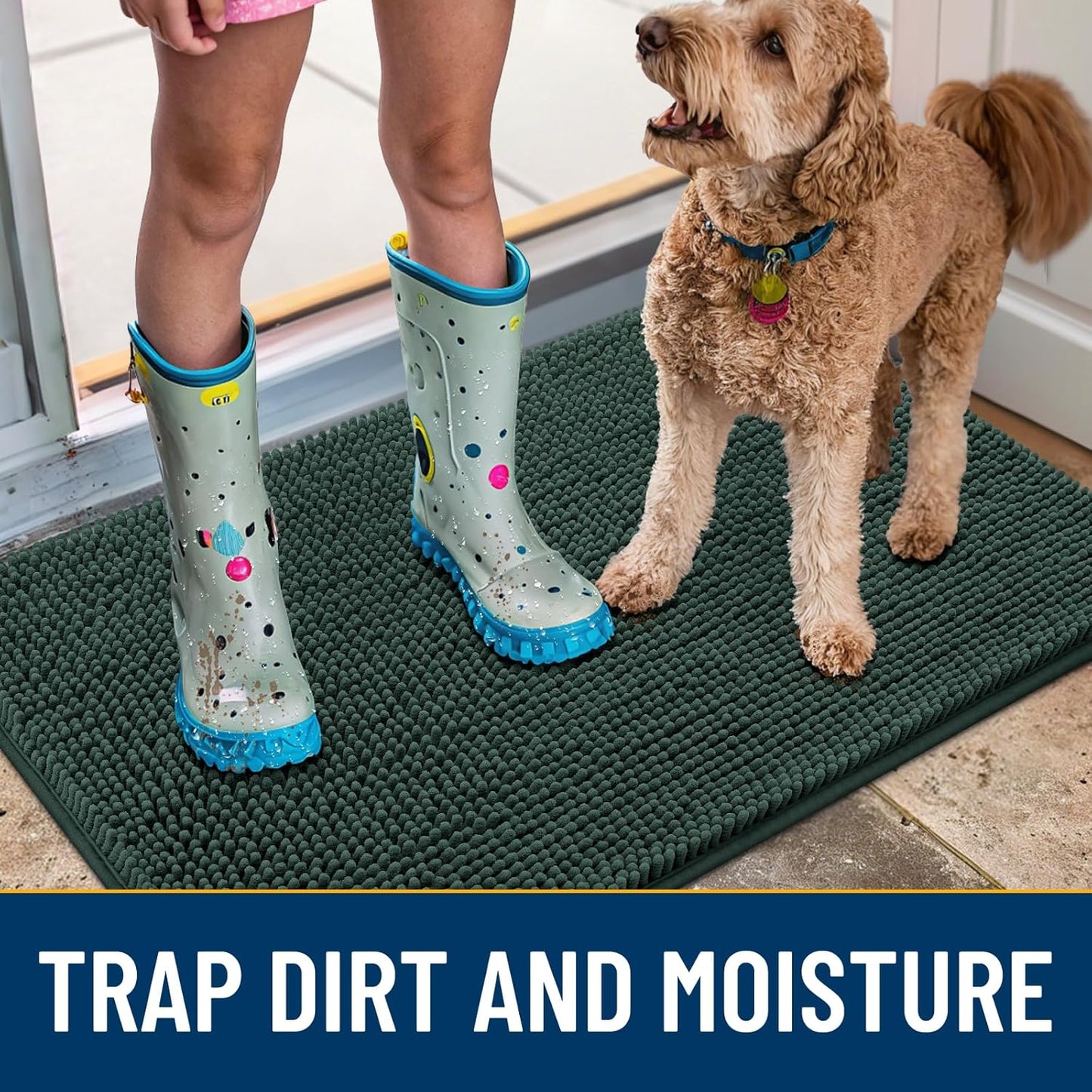 Smiry Dog Door Mat for Muddy Paws 36x24, Absorbs Moisture and Dirt Doormat, Non-Slip Washable Quick Dry Chenille Front Door Mat Indoor Entrance, Entryway Carpet for Inside Floor, Green