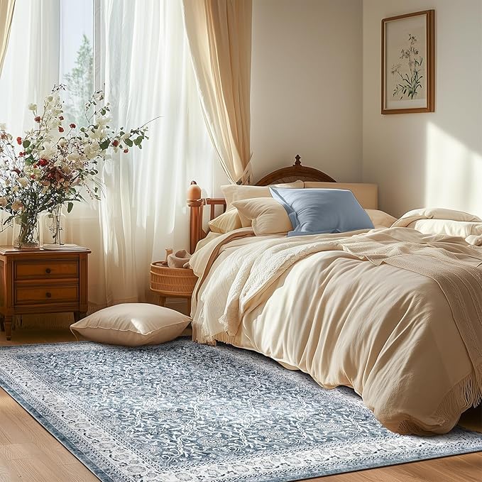 jinchan Floral Area Rugs 4x6 - Machine Washable Vintage Distressed Boho Design Throw Rug Stain Resistant Carpet Low Pile Ultra-Thin Non-Slip for Bedroom Living Room Dining Room Kitchen (4‘x6',Grey)