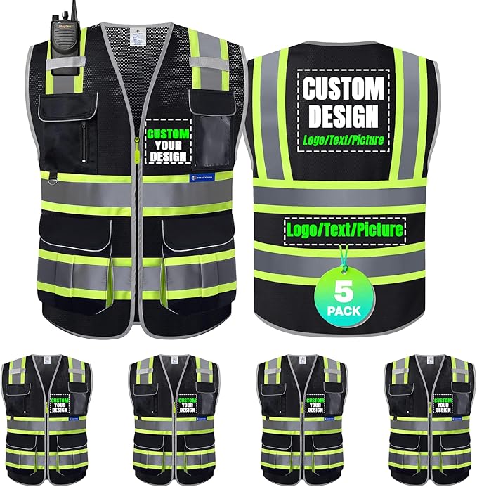 BeautyWill 5 Pack Safety Vest Class2 ANSI Certified Custom Logo High Visibility Reflective Vest for Men -10 Pockets Personalized Logo Heavy-Duty Work Vest（Mesh Black，4XL）