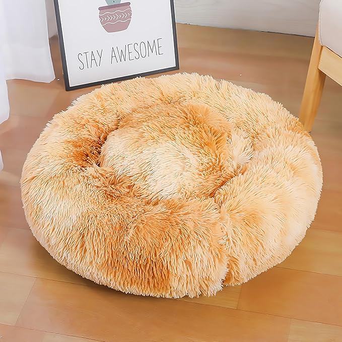 Calming Dog Bed for Small Dogs, Calming Donut Cuddler Pet Bed Anti Anxiety Round Dog Bed Fluffy Plush Faux Fur Cat Bed,Gradient Yellow,35.5IN