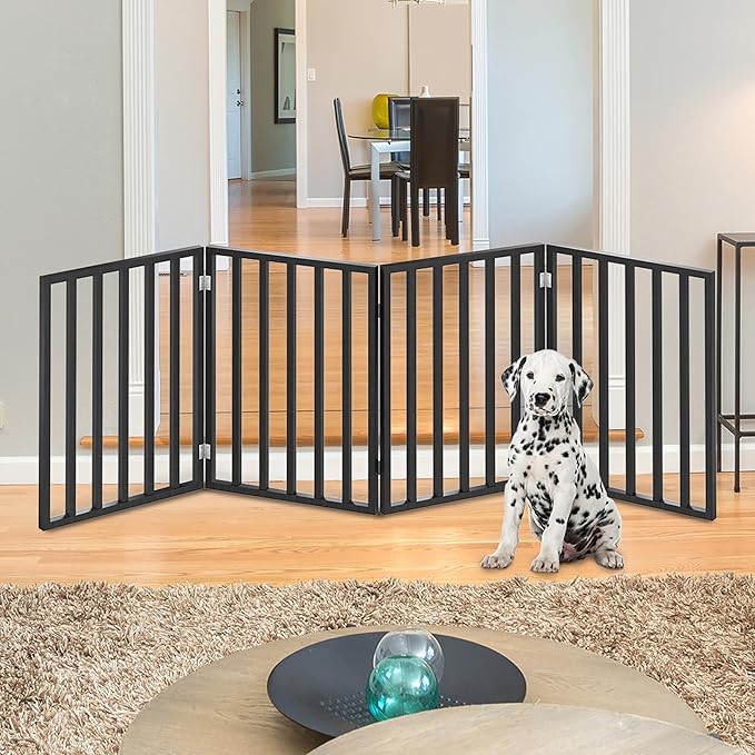 Pet Gate - 4-Panel Indoor Foldable Dog Fence for Stairs, Hallways, or Doorways - 72x24-Inch Wood Freestanding Dog Gates by PETMAKER (Black)