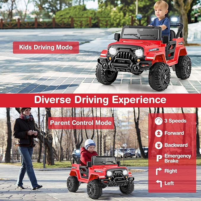 Costzon 12V Kids Ride on Truck Car, Electric Vehicle w/Remote Control, Threaded Wheels, 3 Speeds, LED Lights, Music, Horn & Wireless Connection, Battery Powered Ride on Toy for Boys & Girls 3+ (Red)