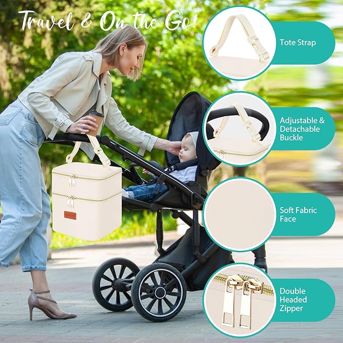 PIIOSER Breast Milk Storage Cooler Bag with Ice Pack, Fits 4 Baby Bottles Up to 5 Ounce, Small Insulated Breastmilk Cooler Travel Bag with Handle Buckle for Nursing & Working Mom Daycare (Cream-XS-1