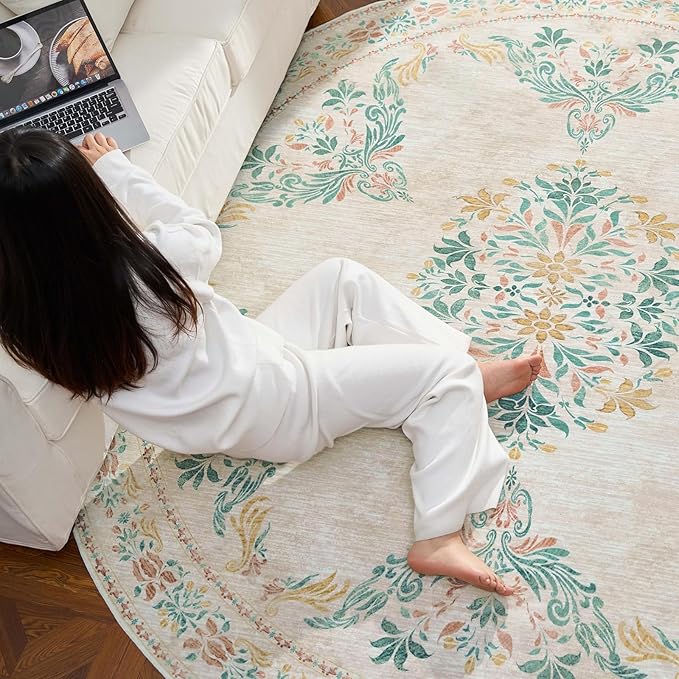jinchan Round Rug 5ft Area Rugs Vintage Floral Distressed Design,Machine Washable Soft Non-Slip Low-Pile Ultra-Thin Circle Rug for Entryway Living Room Dining Room Bedroom (5' Round,Apricot Multi)