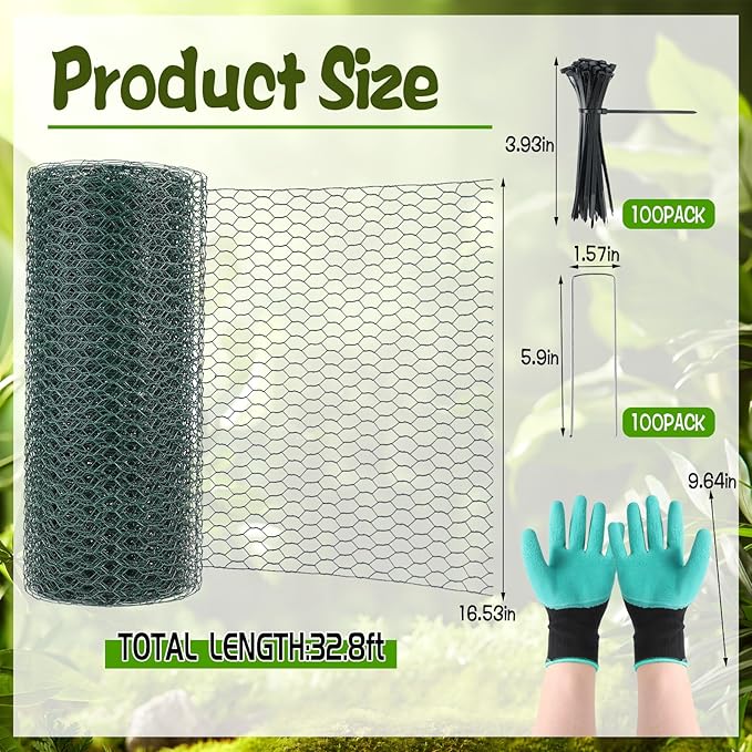 CIEOVO 32.8ft × 15.74 inches Wire Plant Protector from Animals, Metal Mesh Plant Cage Covers Rustproof Wire Plant Cages 30 U-Stakes 100 Ties for Plants Keeping Bunnies Chicken Birds Chicken Duck Out