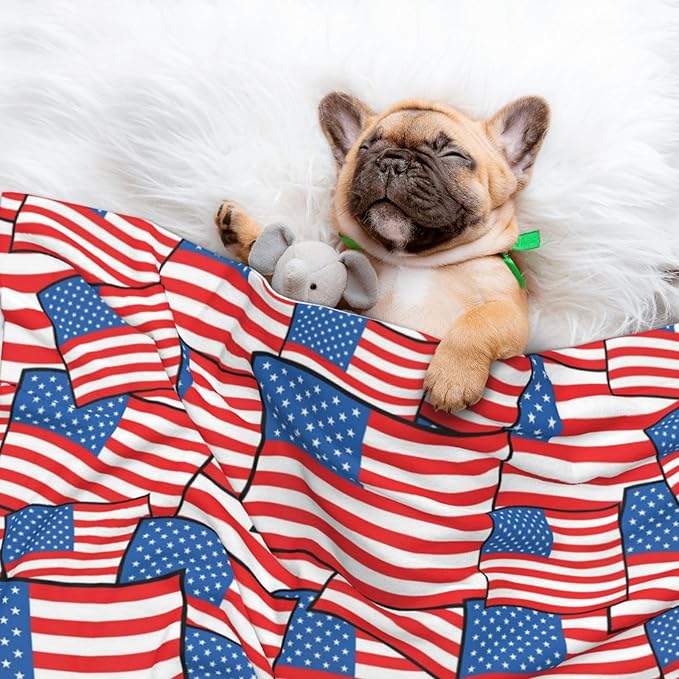 Reversible Plush Throw for Dogs and Cats, Novelty American Flag, Double Sided Blanket with Nubby Dot Side and Sleek Side Ideal for Cuddling Nesting Security