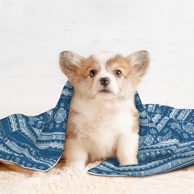 Boho Blanket for Pet - Blue White Snowflake Throw Blanket 40x30 Bohemian Couch Blankets for Puppy Dogs Cats