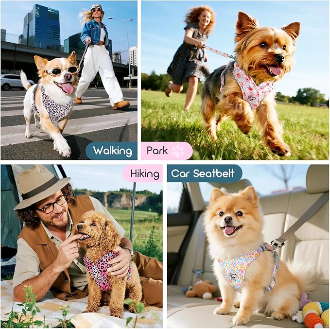 Pawaboo Small Dog Harness and Leash Set, Puppy Harness X-Frame No Pull No Choke, Dog Vest Harnesses Adjustable for Small Medium Sized Dogs,Soft Breathable Pet Harnesses for Walking, M, Pink Leopard