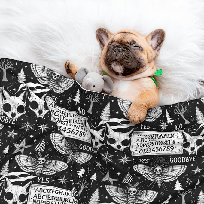 Reversible Dog Blanket for Beds Couches, Cat Skull Head Witch Board Black Gothic, Double Sided Cat Blanket with Textured Dot Feel and Smooth Feel for Seasonal Comfort All Year