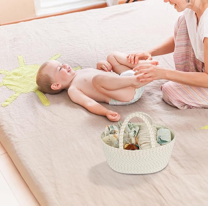 Diaper Caddy Organizer Cotton Rope Baby Basket Nursery Storage and Portable Tote Bag for Car Ideal Baby Shower Gifts and Registry Must-Have for Newborn Essentials Large striped