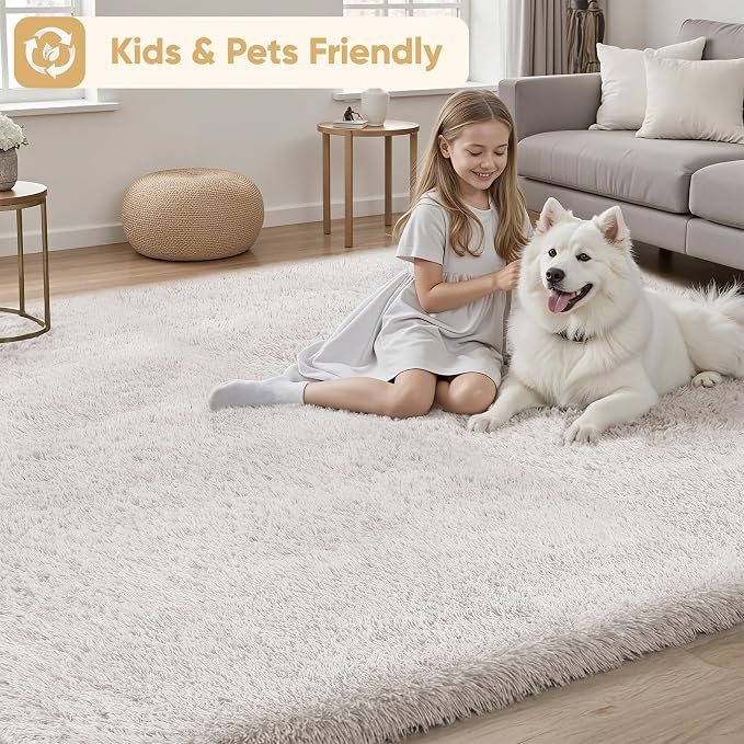 Area Rug for Living Room Bedroom: 9x12 White Soft Fluffy Shag Upgrade Non-Slip