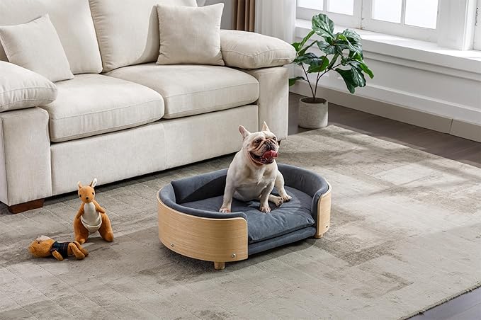 Dog Crate Furniture Elevated Pet Sofa Bed with Solid Wood Legs - Mid Size Indoor Dog House Kennel Cage for Medium Dogs,Darkgrey