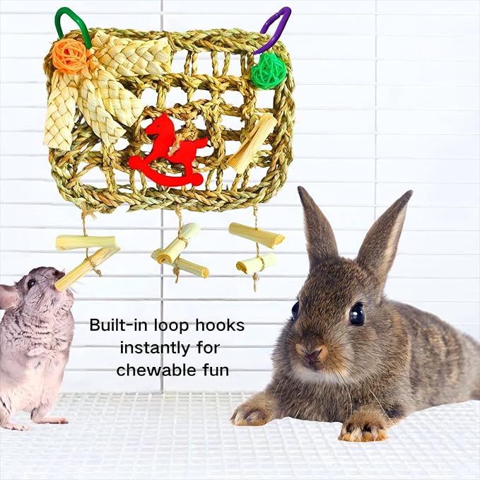 Rabbits Chew Toy,Bunny Cage Hanging Chew Toys and Treats,Grass with Sweet Bamboo for Guinea Pigs Chinchillas Hamsters Rats