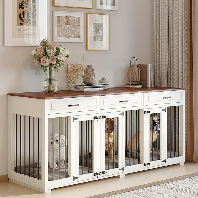 Dog Crate Furniture - Indoor Wooden Dog Kennel with 2 Dividers, 3 Drawers, and 3 Lockable Doors, 72"x23.6"x31.5"H, White