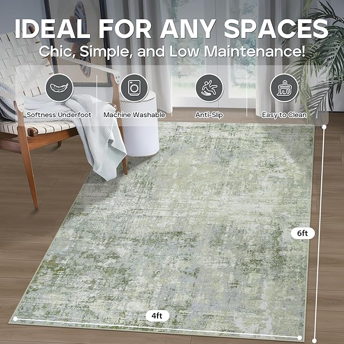 4x6 Area Rugs for Living Room Rug Washable: Modern Large Rug for Dining Room Bedroom Carpet Non Slip Low Pile 4 by 6 Indoor Abstract Nursery Home Office Green