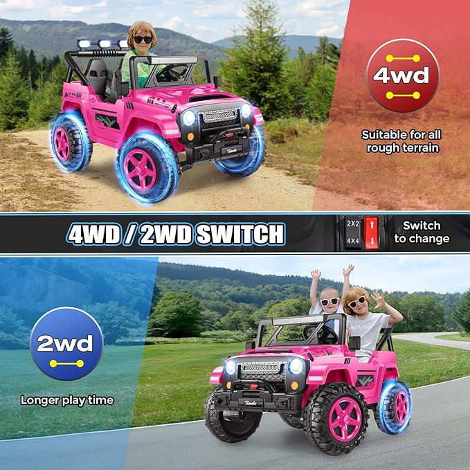 Hikole 24V 2 Seater Ride on Cars for Kids - Remote Control, 20" Spacious Seat, 4WD/2WD Switchable Electric Car with LED Lights, Bluetooth, 3 Speeds, Ride on Toys for Kids 3-8, Hot Pink