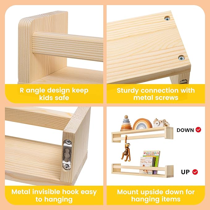 Fun Memories Nursery Book Shelves - Rustic Natural Solid Wood Floating Bookshelf for Kids - Wall Book Shelves for Kids Room (Natural, 24inch - 4P)