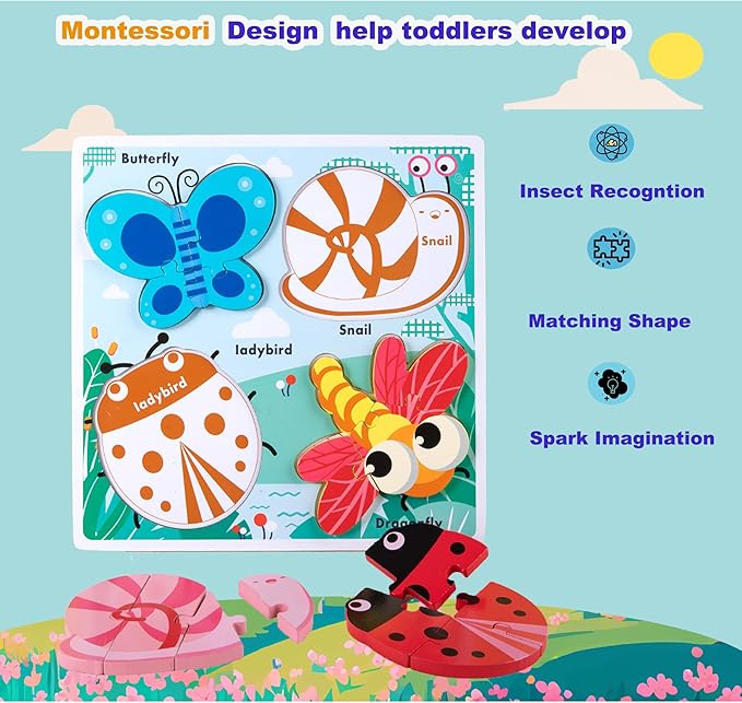 Wooden Jigsaw Puzzles for Toddlers 2-4 Years Old Girls Boys Jumbo Base Chunky Puzzle Ages1-3 Toddler Fun Gifts for 18 24 Months Baby