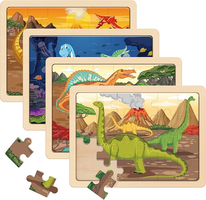 SYNARRY Large Dinosaur Wooden Puzzles for Kids 4 in 1 Gift Box(12.2 * 9.4 in) - FSC Certified, Jigsaw Puzzles for Kids Ages 4-6, Dinosaur Toys Gifts for 3 4 5 Year Old Boys Girls