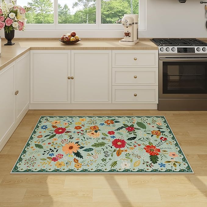 3x5 Area Rug, Floral Green Washable Rug for Entryway, Non Slip Flower Area Rugs, Soft Low Pile Indoor Doormat Small Carpet, Rugs for Living Room Bedroom Nursery Kitchen Dining Room, Sage Green