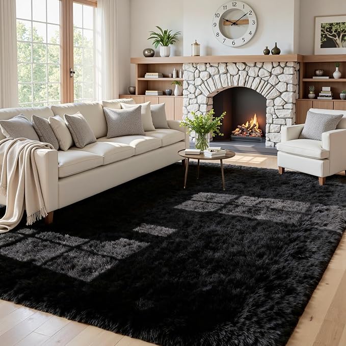 5x7 Area Rugs for Living Room: Ultra Soft Fluffy Shag Black Rug for Bedroom