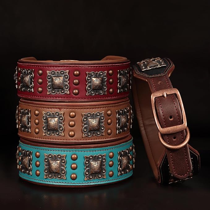 PET ARTIST Soft Padded Leather Dog Collar, 2 inch Wide Genuine Leather Dog Collars with Stylish Studded Rivet & Metal Buckle, Luxury & Adjustable Pet Collars for Medium Dogs,Red,Neck 16-19"
