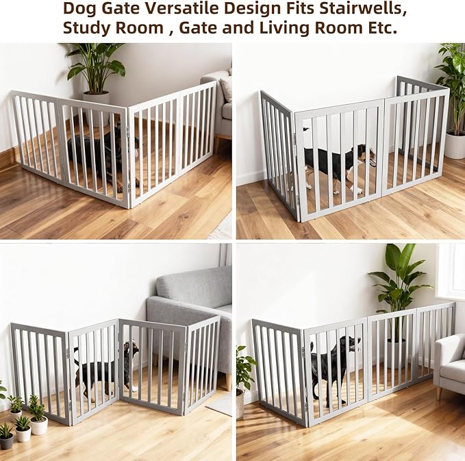 ZJSF Freestanding Indoor Dog Gate for House Foldable Wood Grey Puppy Gate for Doorways Pet Gate for Stairs Extra Wide Pet Fence 32" Height 4 Panels