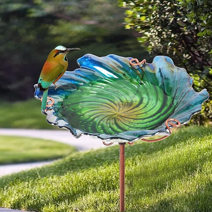 Glass Bird Bath Outdoor Birdbaths Garden Birdfeeder with Metal Stake Green(Height:26inch)
