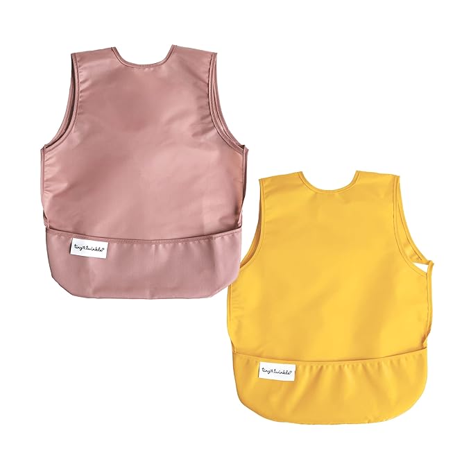 Tiny Twinkle Mess Proof Apron Bibs - 2 Pack Waterproof & Lightweight Baby Bibs for Led Weaning | 100% Recycled Polyester, Easy Clean & Machine Washable (Taupe Dandelion,Small 6-24 Months)