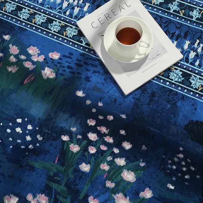 2x6 Runner Rug Impressionist-Style Vintage Kitchen Rugs Non Slip Washable Soft Carpet Runner for Kitchen Laundry Bedroom Bathroom, Blue