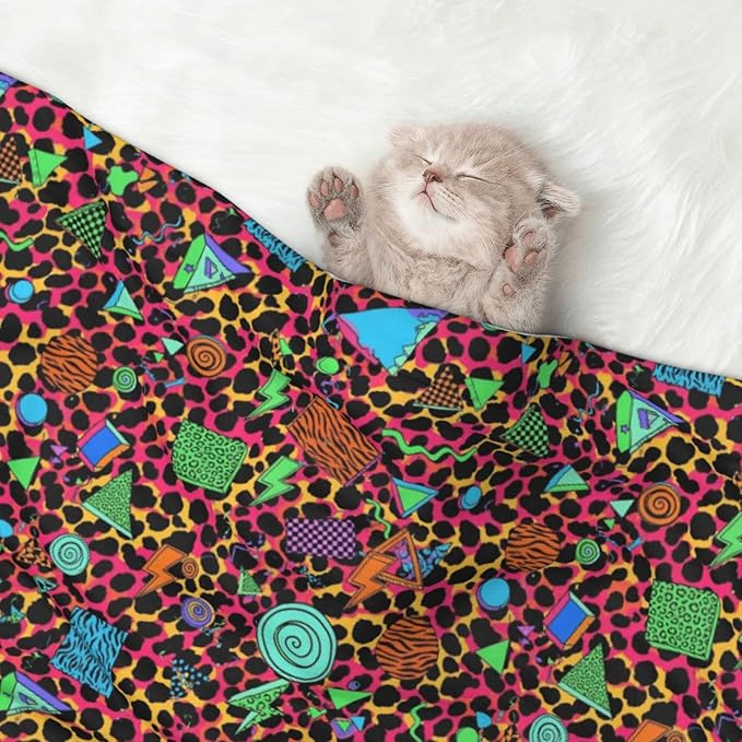 Reversible Plush Dot Pet Blanket, Geometric Checkered Zebra Tiger Leopard Print Hot Pink Vintage Retro 80S 90S, Ultra Soft Two Sided Throw for Dogs Cats Home Use Comfort