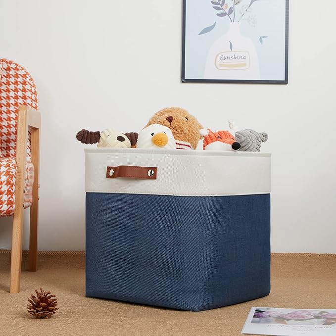 DULLEMELO Storage Baskets for Shelves Closet Storage,Large Home Organization Bins for Gifts Empty,Foldable Fabric Storage Cubes Baskets for Nursery Toy Towels Clothes Storage(White&Blue)