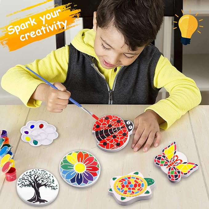 Weilim Paint Your Own Stepping Stones 5-Pack for Kids, Boys & Girls Ages 3-12, Butterfly, Turtle, Flower, Tree & Ladybug DIY Outdoor Garden Art & Craft Ceramic Painting Set