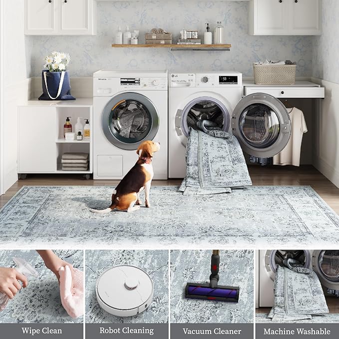 jinchan Washable Area Rug 8x10 for Living Room Soft Faux Wool Ultra-Thin Stain Resistant Non-Slip Distressed Vintage Floral Large Carpet for Bedroom,Dining Room,Home Office,Nursery(Grey, 8'x10')
