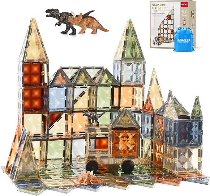 3D Magnetic Tiles, STEM Learning and Encourage Imaginative Play Magnetic Blocks, Preschool Puzzle Toys with Dinosaur, Gift for Boys and Girls 3 4 5 6 7 8 Years+