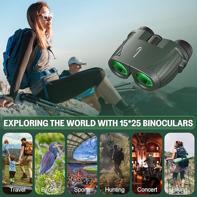Aurosports 15x25 Compact Binoculars for Adult Kids - High Power Binoculars for Bird Watching - Easy Focus Small Binocular with Low Light Vision for Travel, Camping, Concert, Hiking -Green