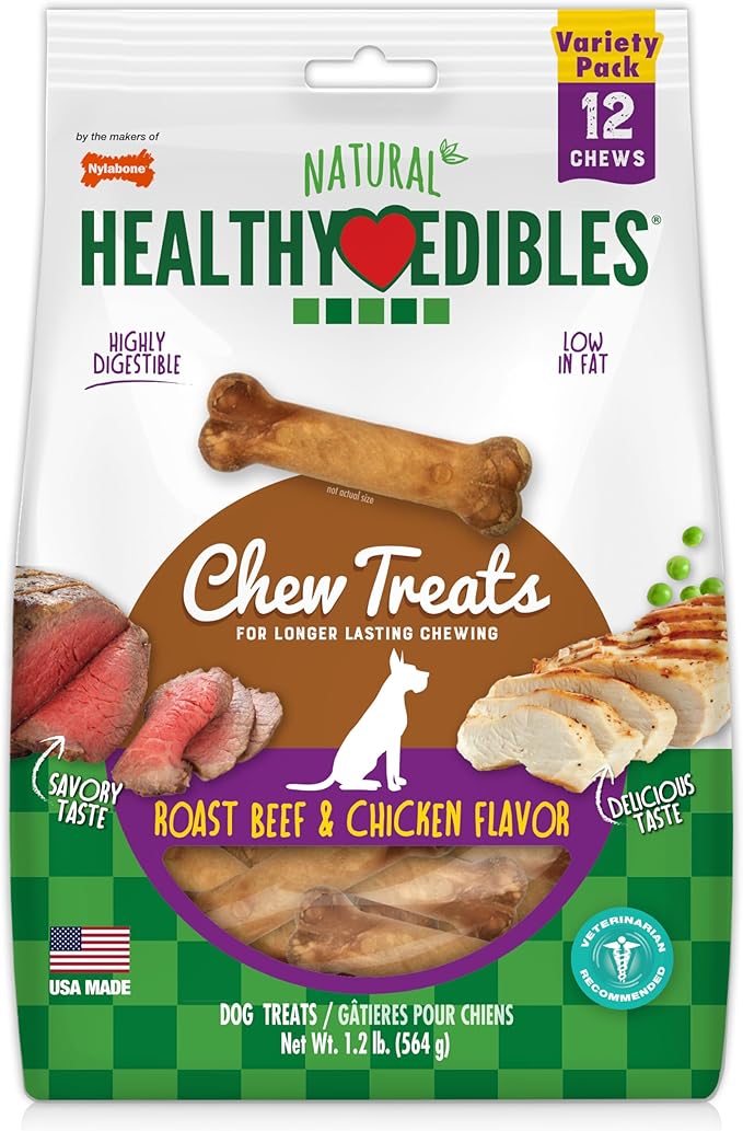Nylabone Healthy Edibles Natural Dog Chews, Long Lasting Bones for Dogs, Roast Beef & Chicken Flavor Dog Treats, Small (12 Count)