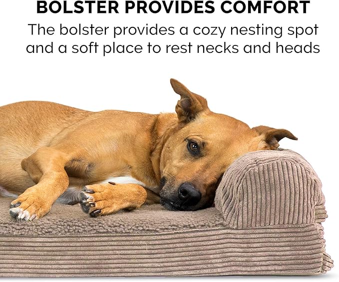 Furhaven Orthopedic Dog Bed for Large Dogs w/ Removable Bolster & Washable Cover, For Dogs Up to 125 lbs - Fleece & Corduroy Bolster Chaise - Sandstone, Jumbo Plus/XXL