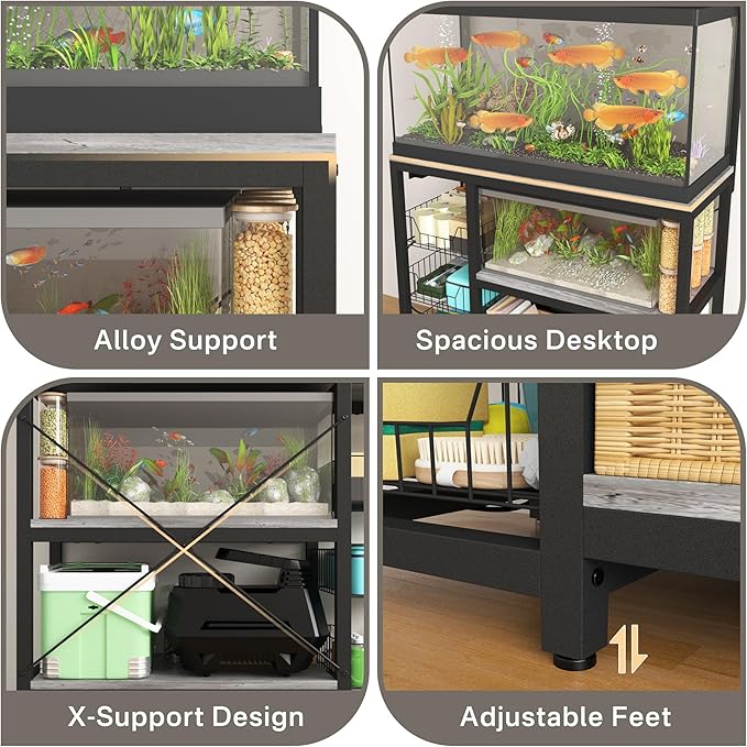 Aquarium Stand with Power Outlets,55-70 Gallon Fish Tank Stand with 3 Baskets,2 Storage Shelf, 5-Tier Heavy Duty Metal Tank Stand Suitable for Turtle Tank, Reptile Terrarium
