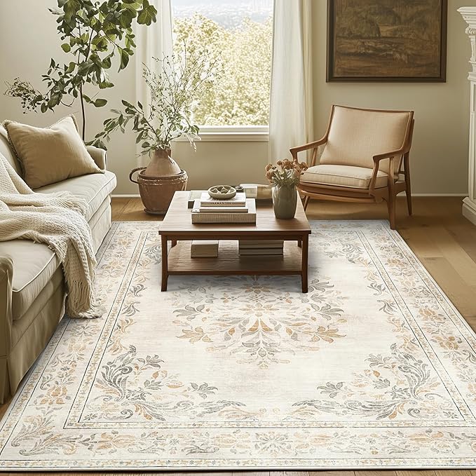 jinchan Vintage Floral 4x6 Area Rugs - Machine Washable Distressed Design Soft Ultra-Thin Low-Pile Non-Slip Carpet for Entryway Kitchen Bedroom Nursery Living Room Dining Room (4x6ft,Light Grey)