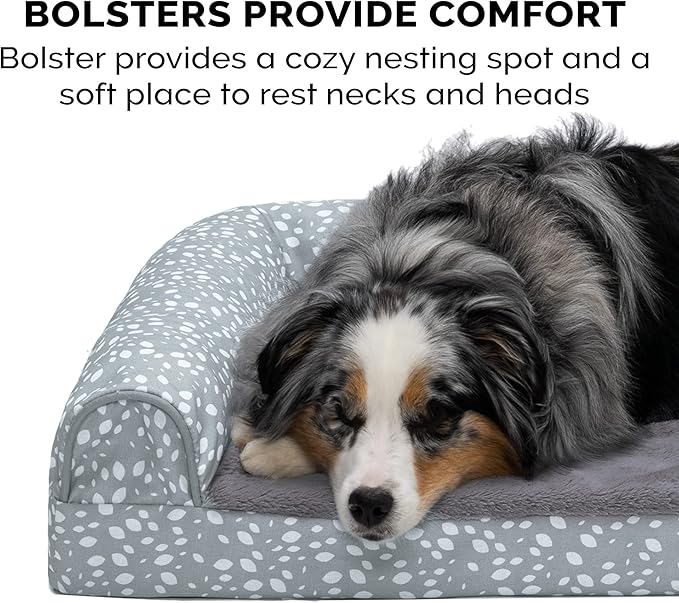 Furhaven Memory Foam Dog Bed for Large Dogs w/ Removable Bolsters & Washable Cover, For Dogs Up to 125 lbs - Plush & Almond Print L Shaped Chaise - Gray Almonds, Jumbo Plus/XXL